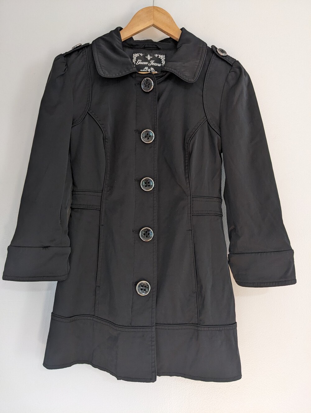 Guess Jacket Women's Small Black Button Pockets Coat EUC Business Nylon Cotton